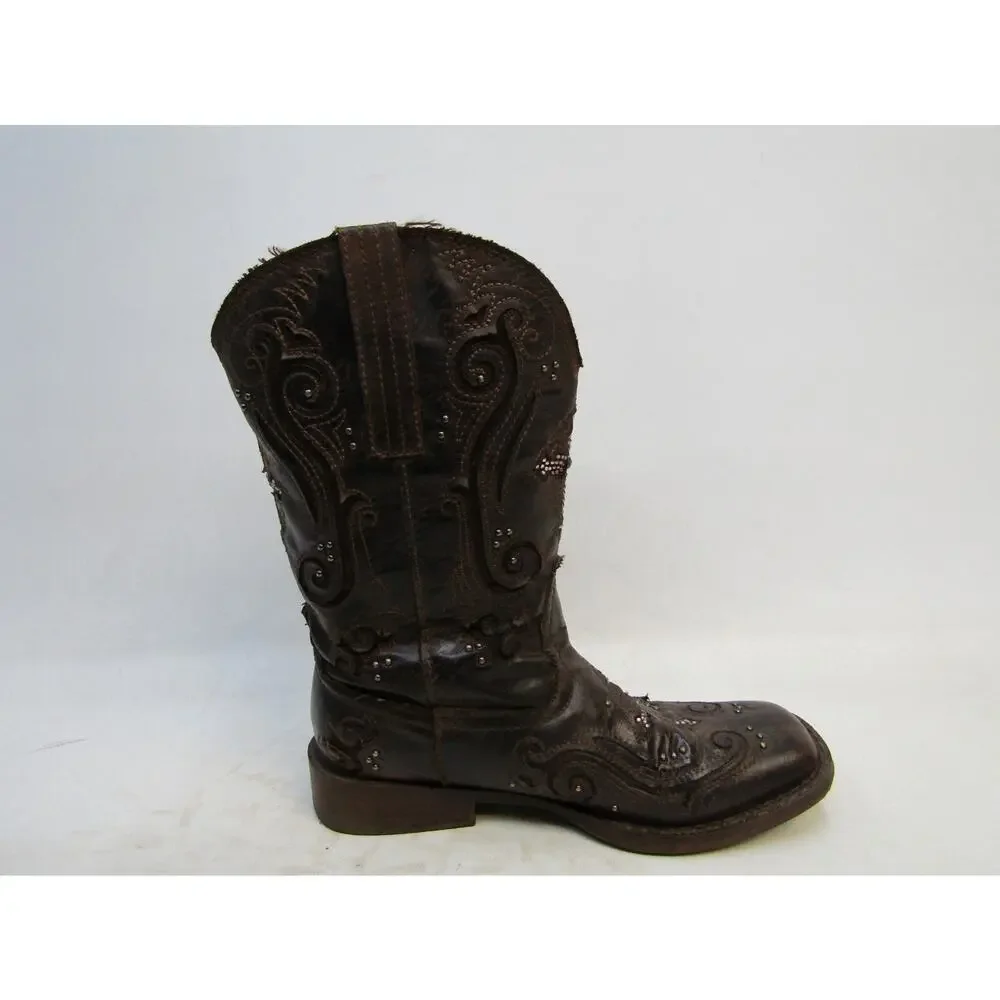 Roper Brand Youth Size 2 M Brown Studded Inlay Cowboy Western Boots